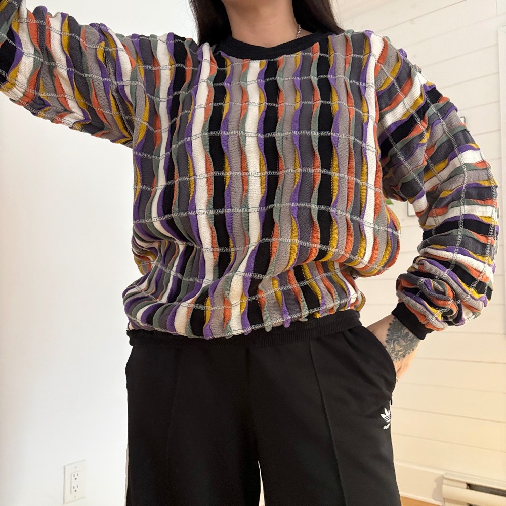 Vintage Multicolor Wave-Stripe Knit Sweater (Black, Purple, Orange, Cream)